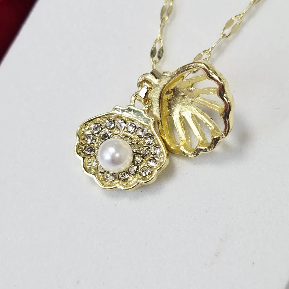 Gold Pearl Shell Pendant Necklace Stainless Steel CZ Crystal Coastal Jewelry